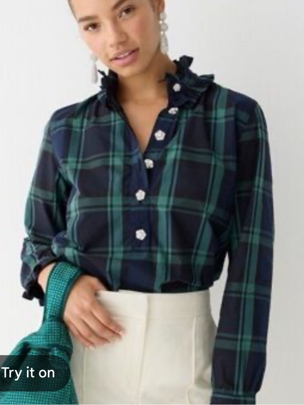 J.Crew Black Watch Tartan Jewel Button Ruffleneck Blouse Size 10